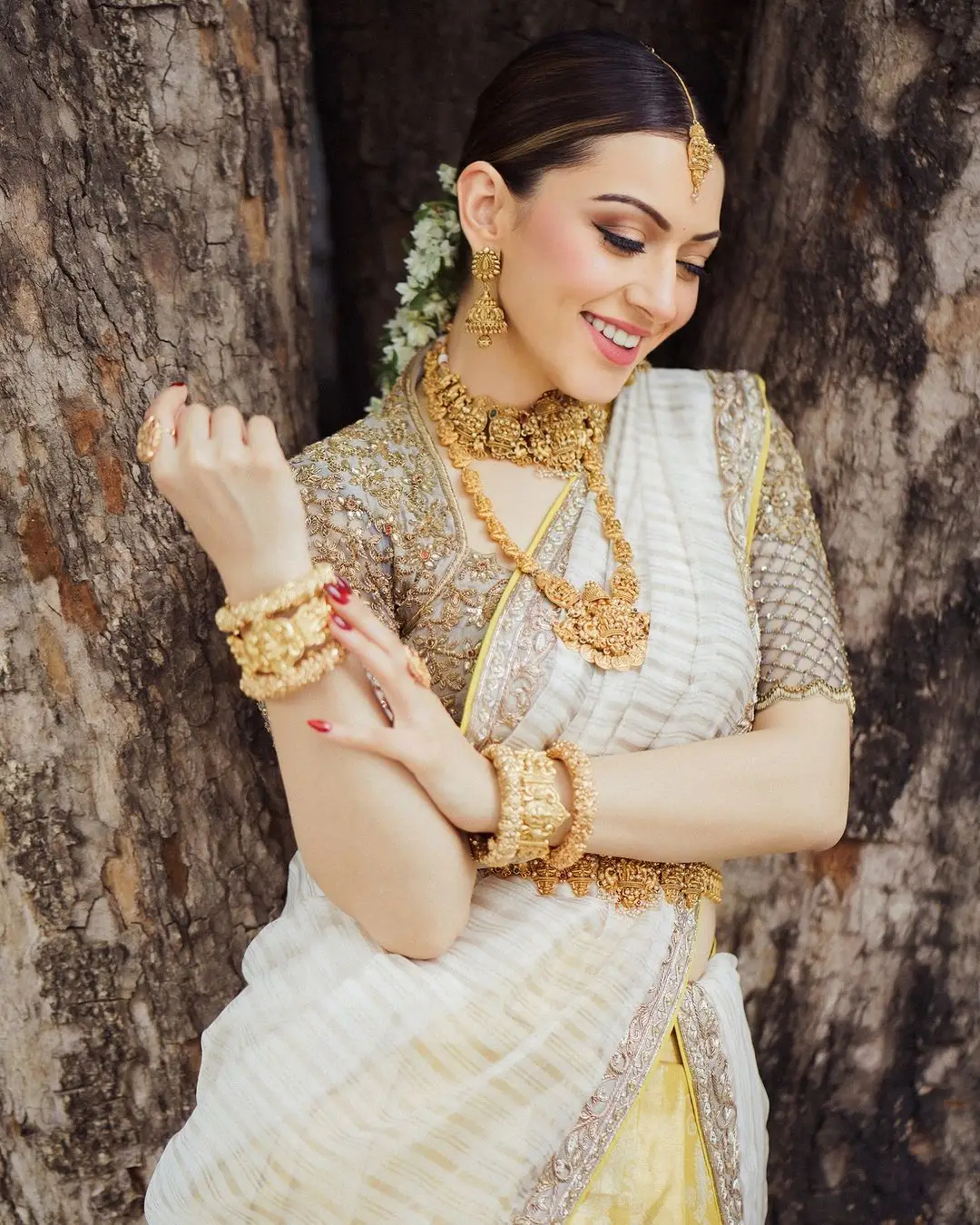 Hansika Motwani Wearing Beautiful Earrings Jewellery Yellow lehenga Choli